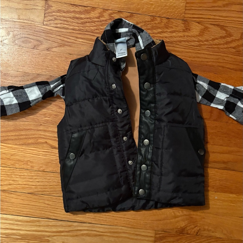 Little Lad Black Puffer Vest Plaid Shirt & Pants